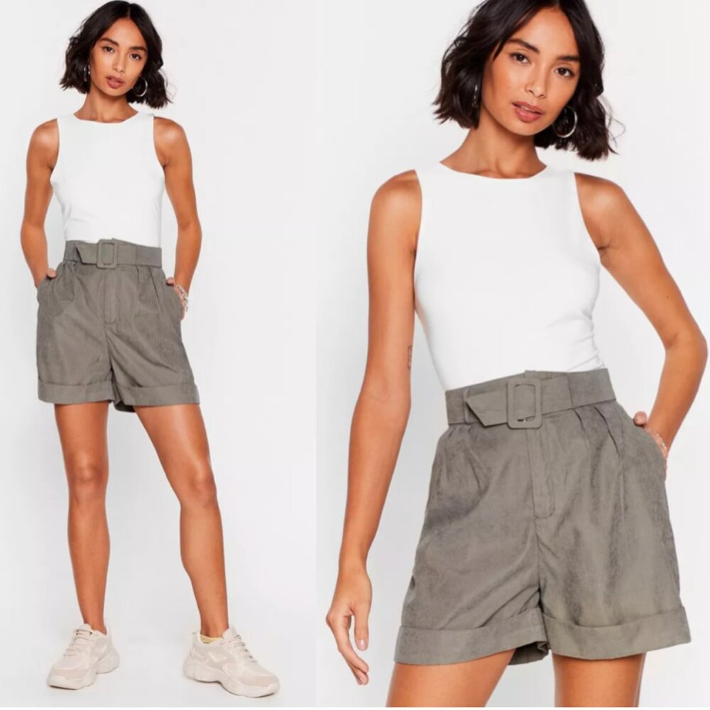 Nasty Gal We're Workin' On It Relaxed High Rise Belted Shorts size 8